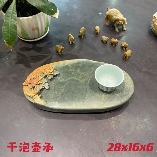 肇庆端砚石绿端整块雕刻牡丹小干泡台壶承