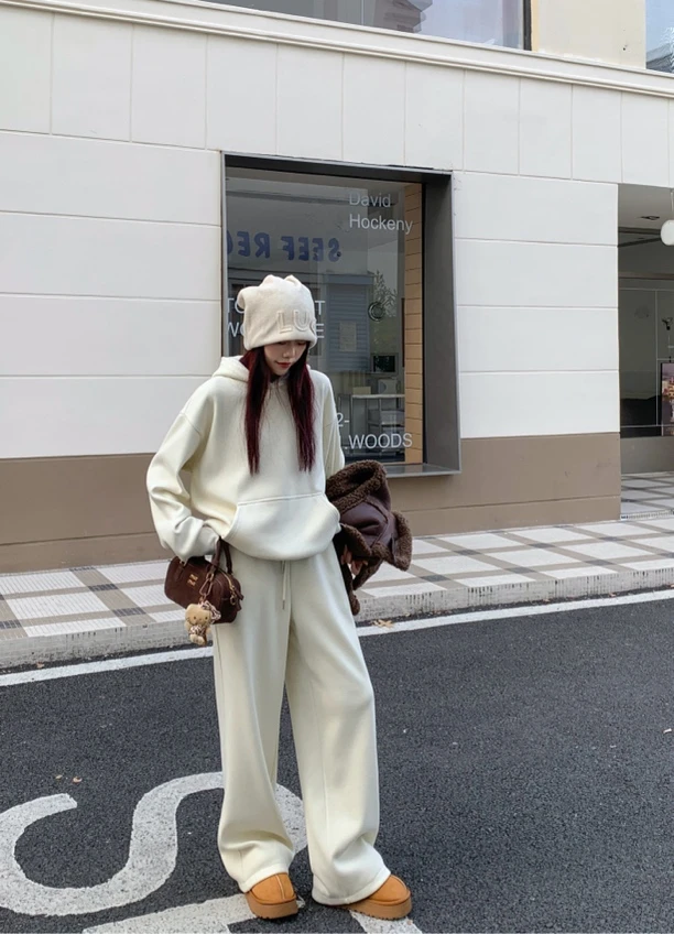 时尚简约设计显瘦气质韩版宽松连帽卫衣套装#2811