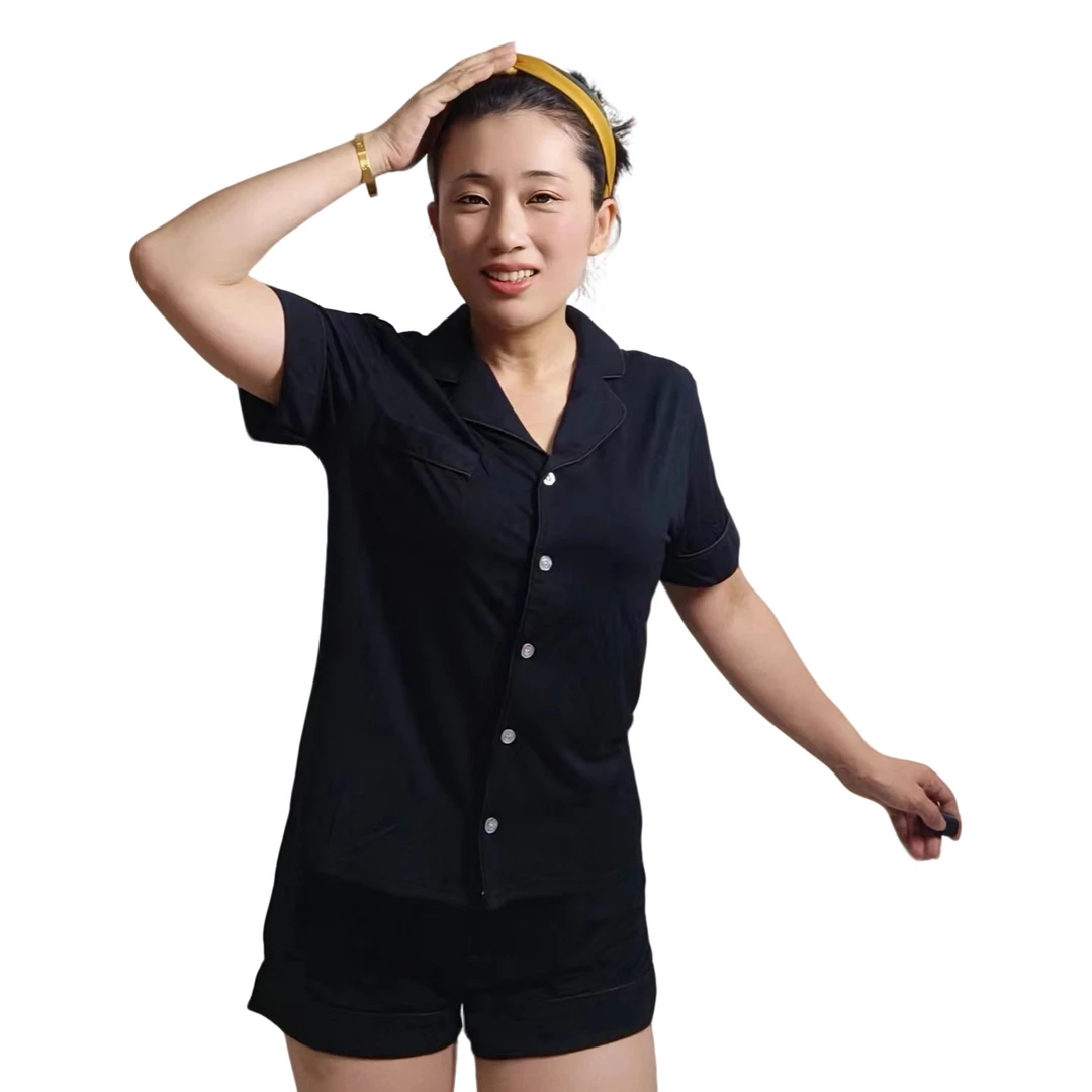 黑色夏季竹纤维开襟睡衣套装居家穿凉感弹力不起球百搭纯色时尚