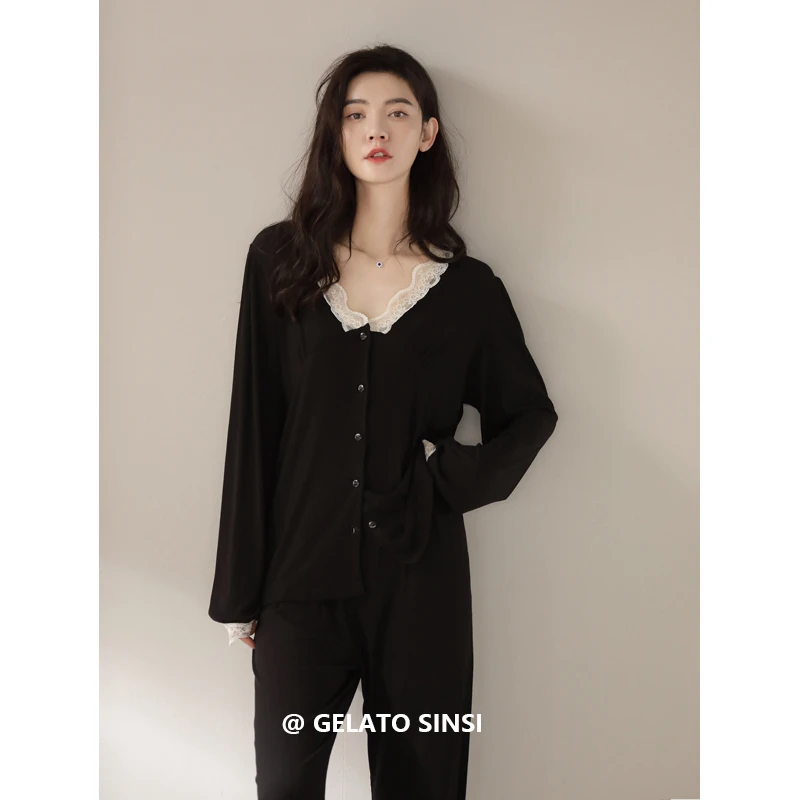 超柔软睡衣女春秋款长袖黑色高级感莫代尔女冬季可外穿家居服套装