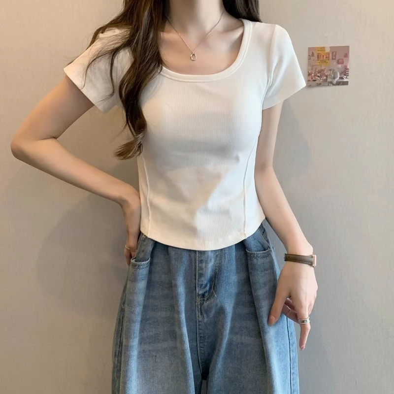 鱼骨方圆领弧形下摆短款T恤女夏季女装修身显瘦简约小众上衣ins潮