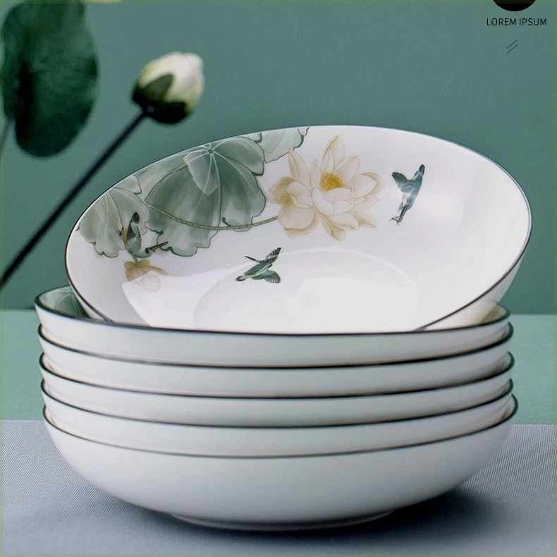 盘子in风家用陶瓷家用组合装菜碟子荷花翠鸟新中式加深饭盘可微波