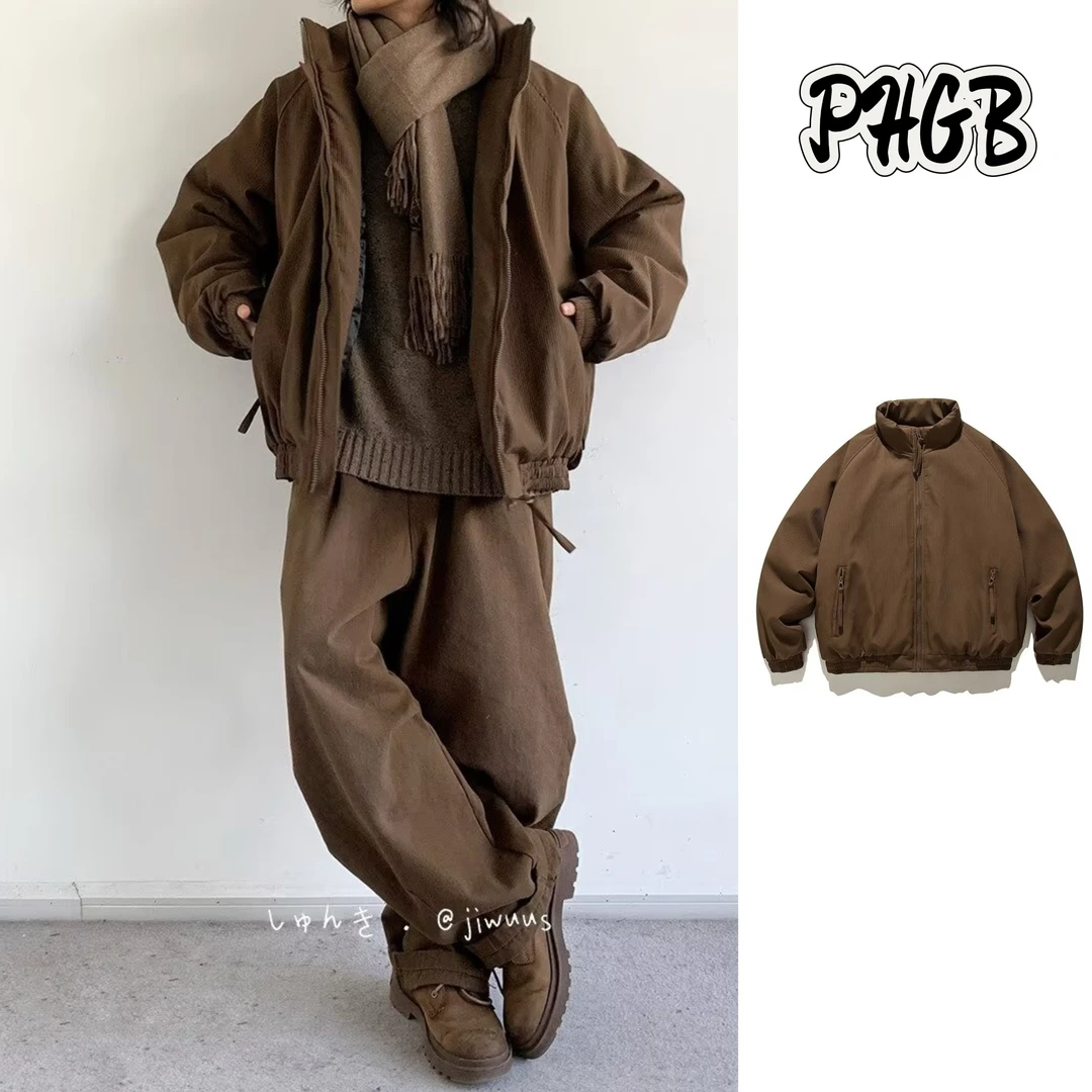 日系纯色立领厚款棉服棉衣宽松外套男百搭休闲复古加绒加厚秋冬季