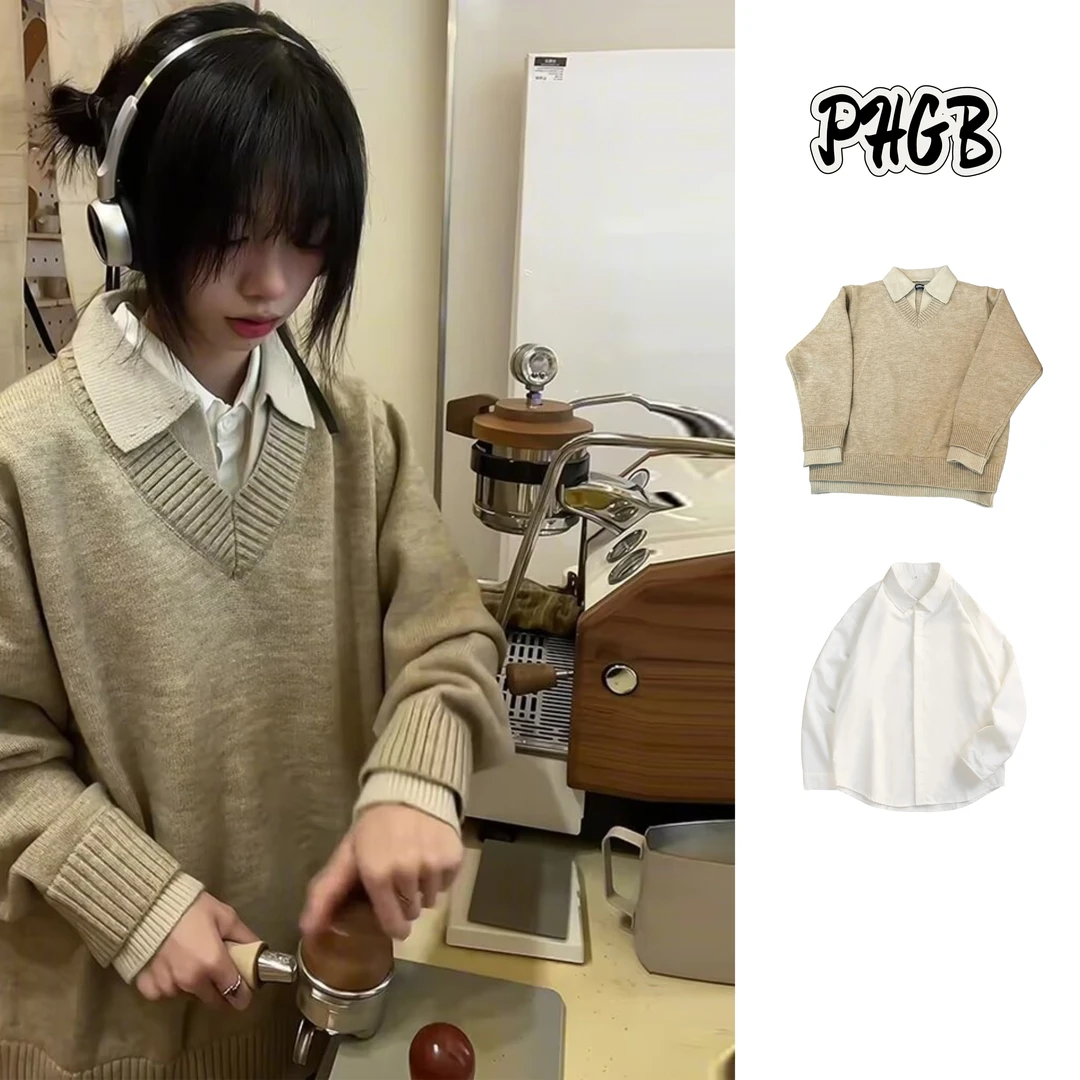 两件装/美式复古假两件v领毛衣男生翻领老钱风cleanfit毛衣男内搭