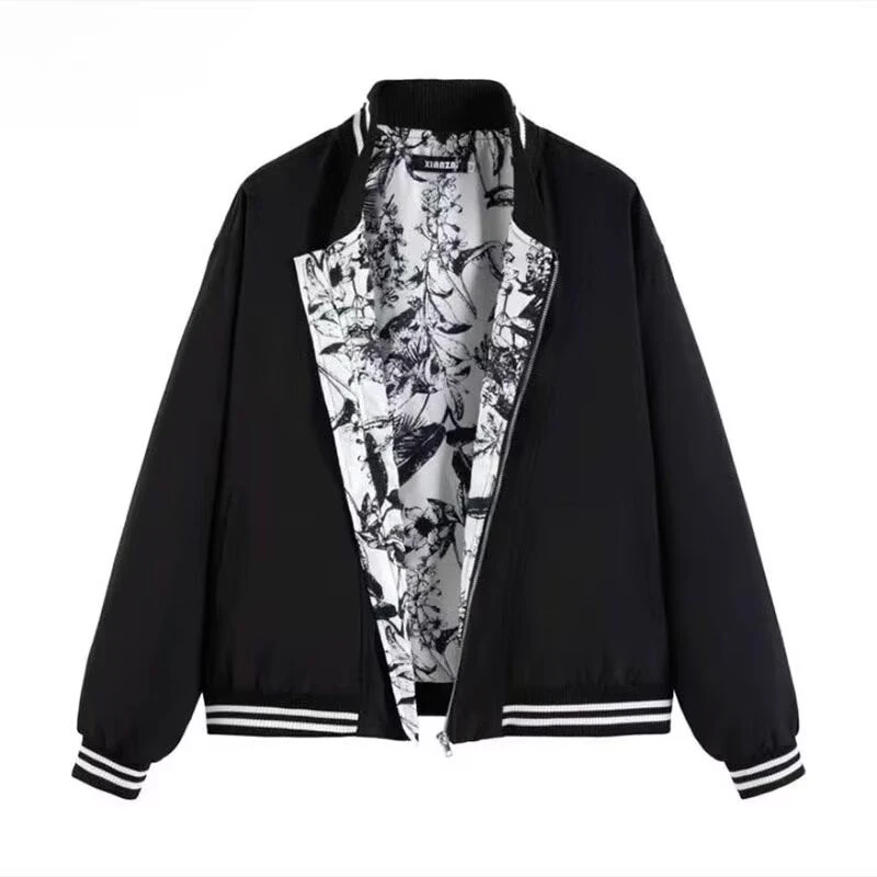 男款春秋复古外套男士时尚休闲黑色宽松季印花韩版撞色设计感秋季