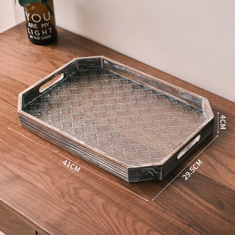 复古客厅托盘长方形收纳桌面盘子玻璃家用木质杯子茶具茶盘轻奢