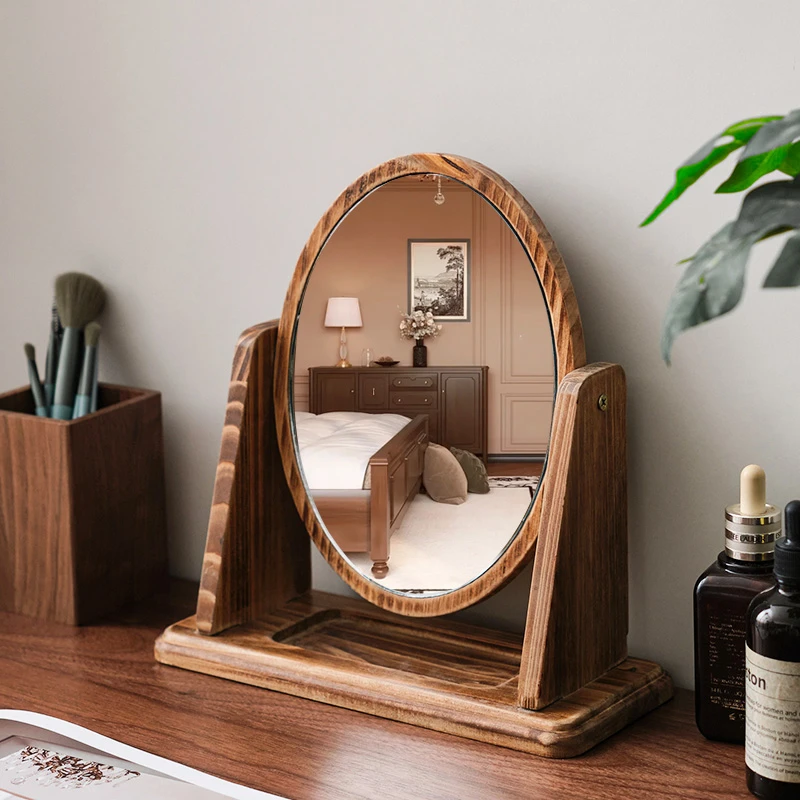 家用台式高清化妆镜梳妆台办公室学生宿舍卧室专用木质梳妆镜镜子