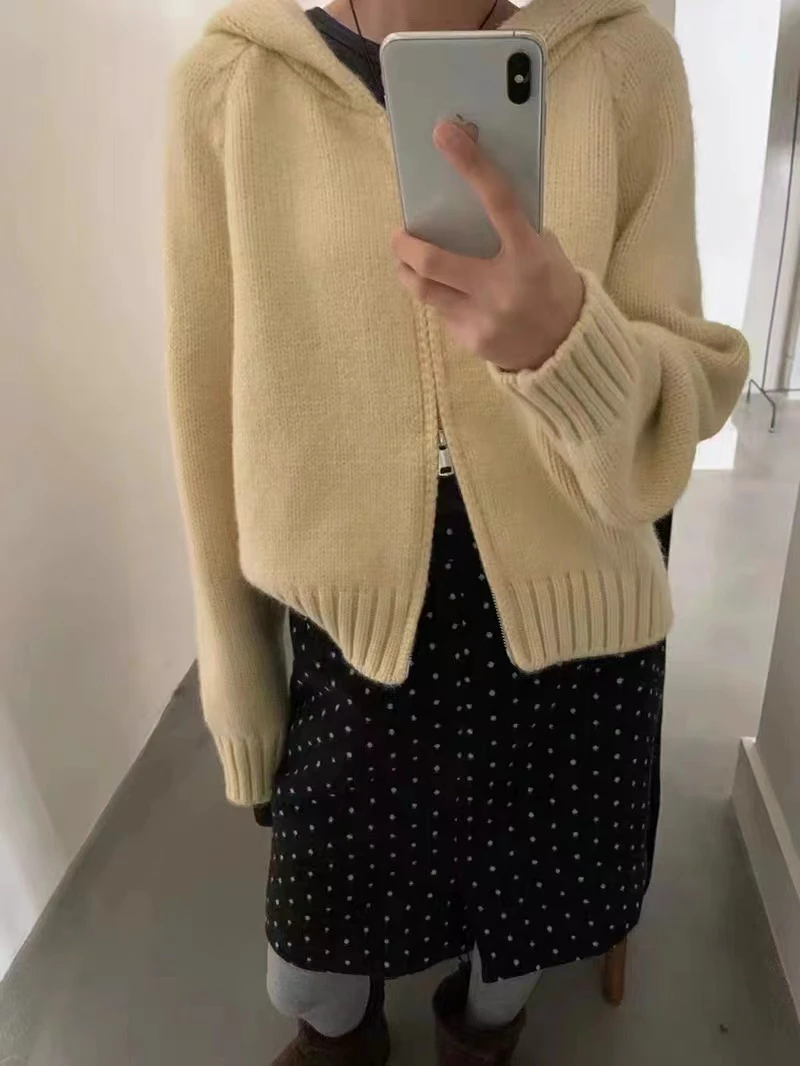 [Young]双拉链连帽针织开衫女春秋季新款韩系慵懒风短款休闲毛衣