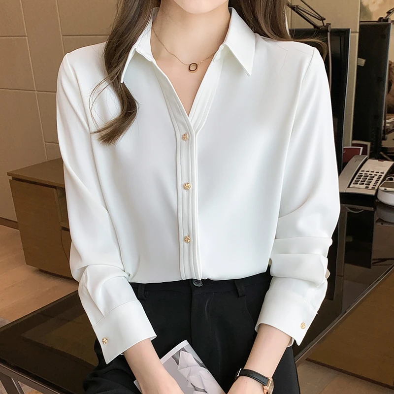 1307 秋季新款小个子长袖时尚白色衬衫女通勤职业显瘦上衣