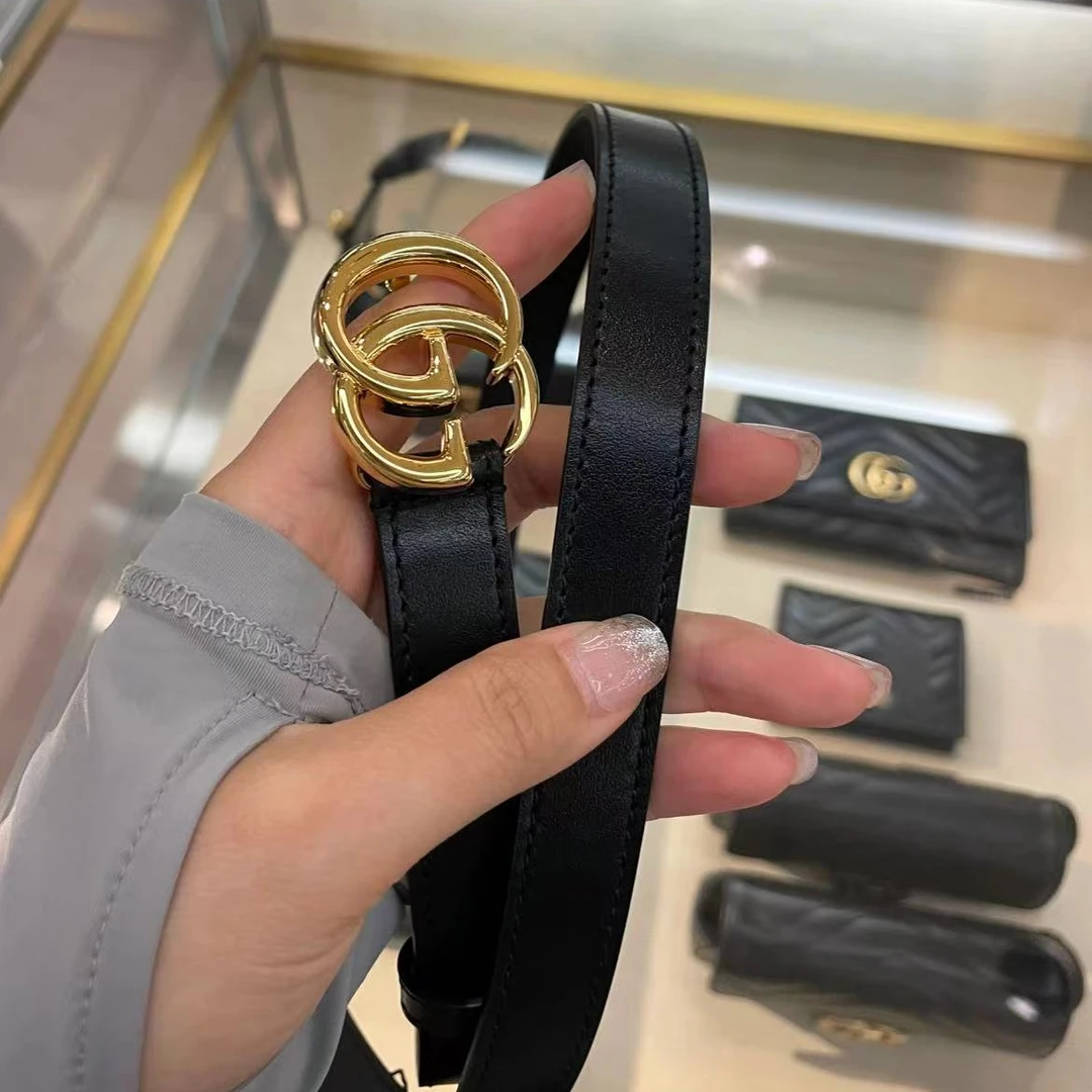 未使用 GUCCI/古驰 Gucci 闪亮双G带扣平滑扣皮革皮带 黑色
