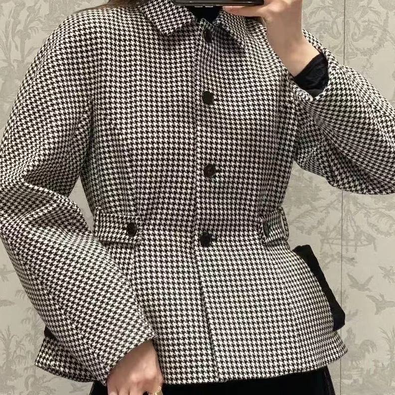 全新未使用 DIOR/迪奥 千鸟格翻领西装外套(有腰带) 黑白/46