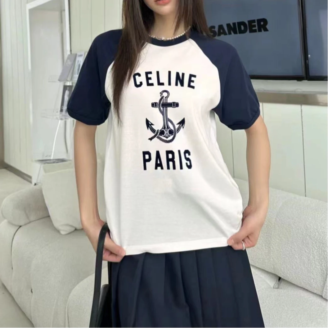 全新未使用 Celine/思琳 Celine Logo字母印花短袖T恤 海军蓝/S码