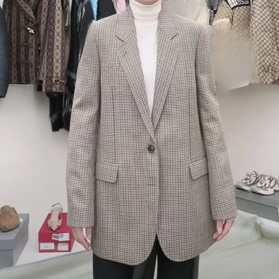 全新未使用 Celine/思琳 千鸟格长袖西装 棕色/38