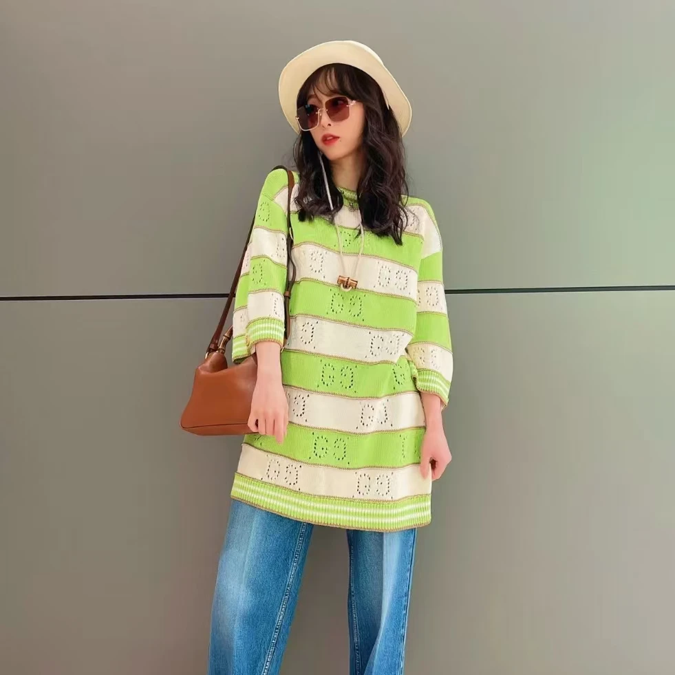全新未使用 GUCCI/GUCCI 条纹圆领短袖连衣裙 绿白/S