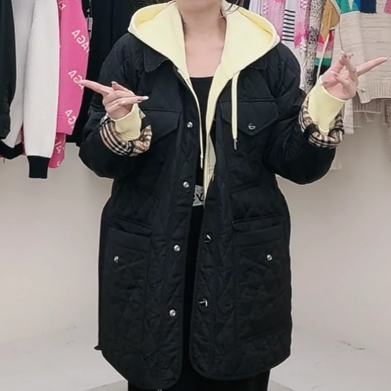 全新未使用 BURBERRY/博柏利 纯色绗缝束腰式翻领棉服 黑色/M