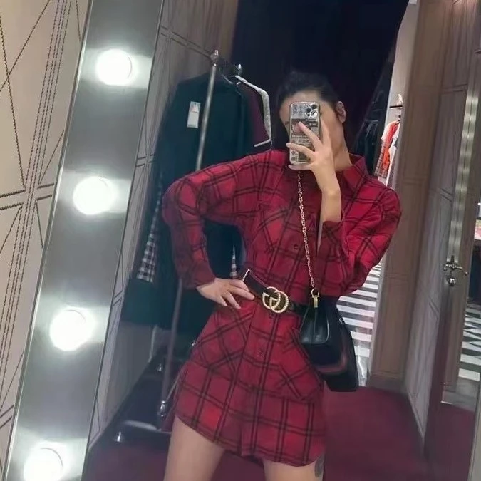 全新未使用  Gucci 格子翻领红色衬衫/36