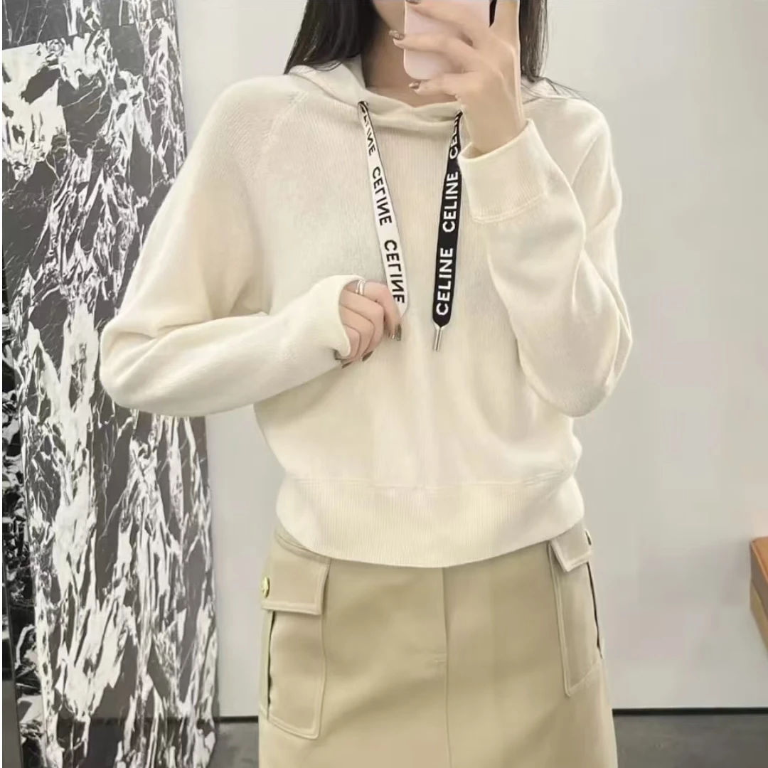 全新未使用 Celine/思琳 纯色字母饰带连帽长袖毛衣/S