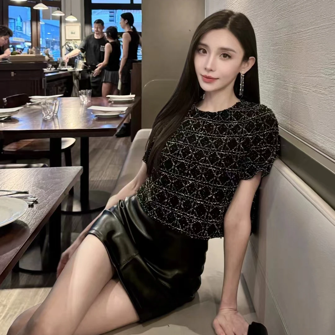 全新未使用 DIOR/迪奥 SS24 格纹提花纽扣短袖针织衫/38/40