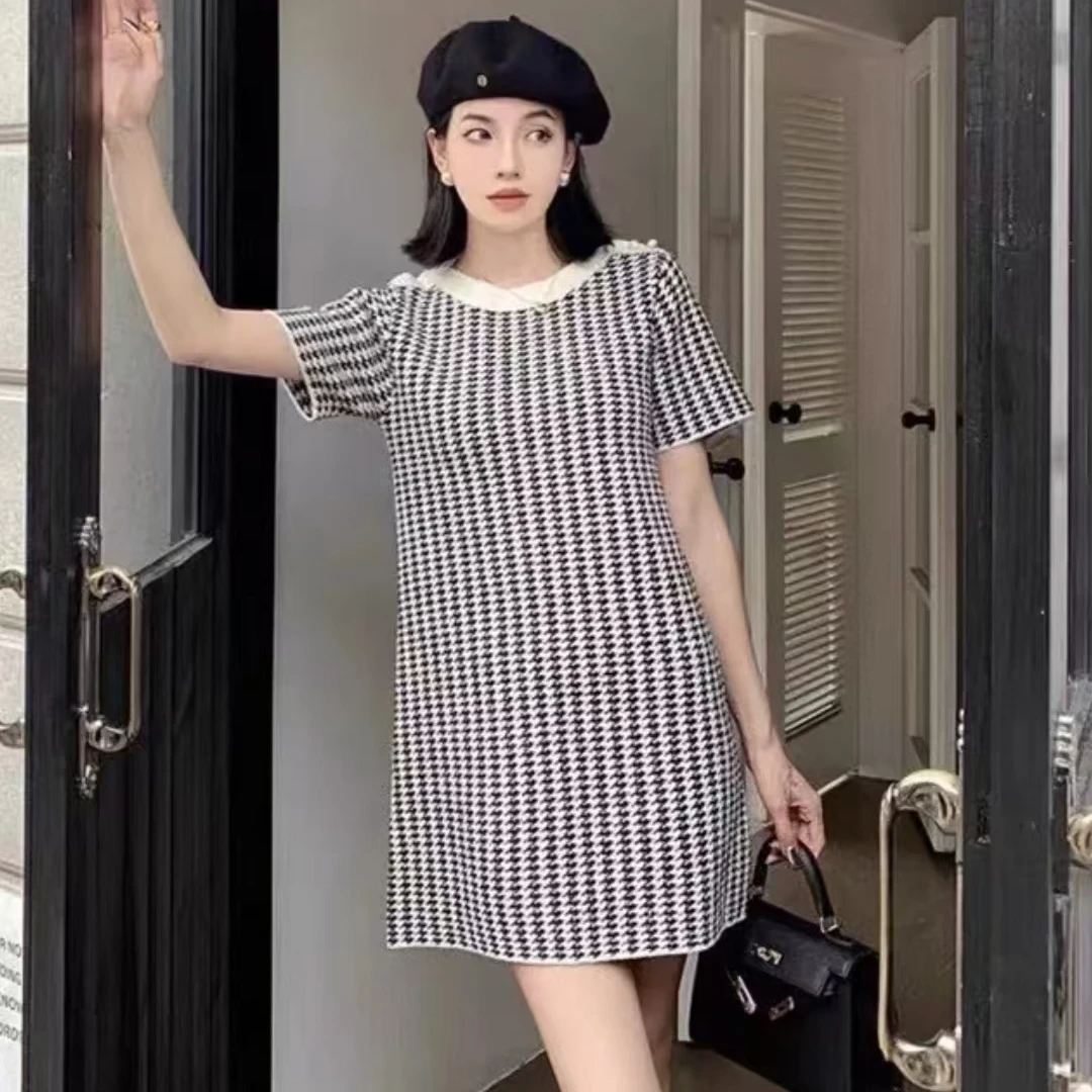 全新未使用 DIOR/迪奥 千鸟格短袖连衣裙 黑白/36