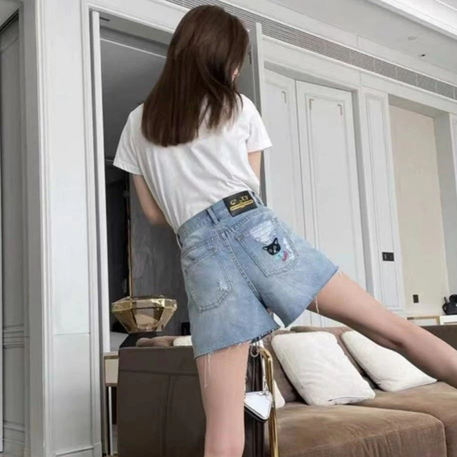 全新未使用 GUCCI/古驰 皮革徽标做旧牛仔短裤/24-26