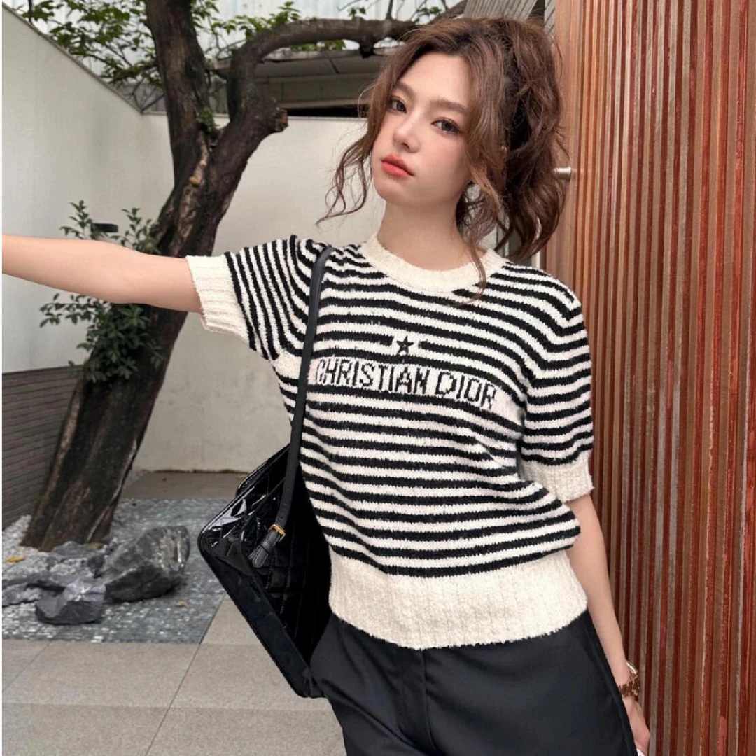 未使用 DIOR/迪奥 针织圆领条纹短袖 黑白/38