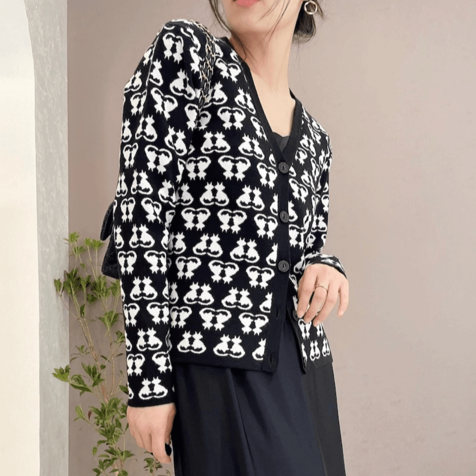 全新未使用  MaxMara studio SS22 提花满印V领长袖针织/XS-M
