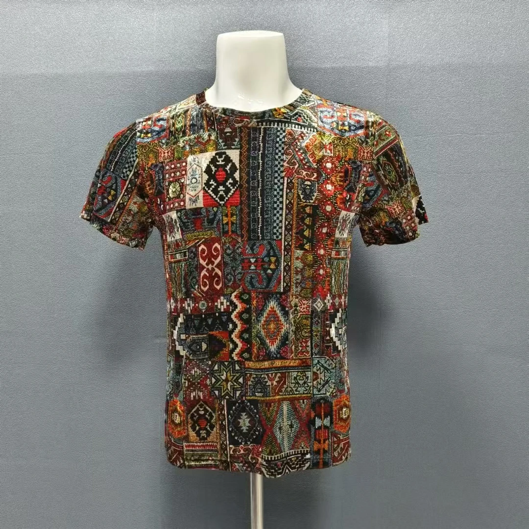 早秋丝绒时尚潮流百搭花纹休闲男士满印修身印花短袖W6138