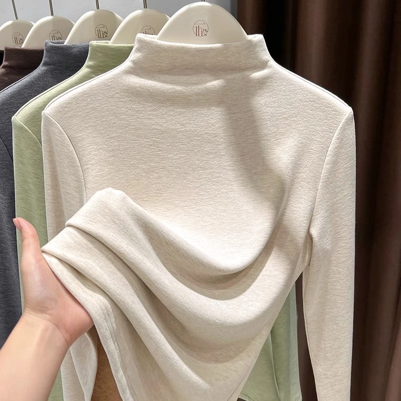 椰树白气质半高领长袖双面德绒打底衫女春秋季软糯保暖内搭上衣女