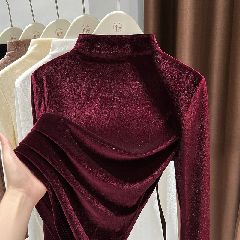 秋冬季新款安可拉红半高领长袖修身显瘦上衣女软糯保暖百搭打底衫