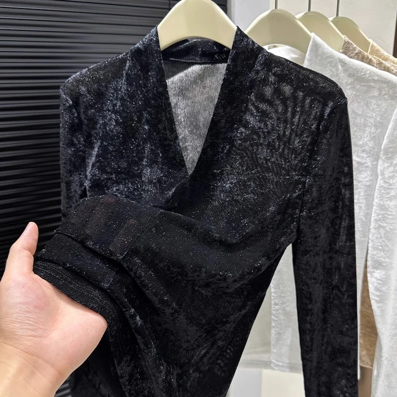 秋冬季黑色气质V领长袖内搭T恤女钻石毛薄款网纱丝绒显瘦纯色上衣