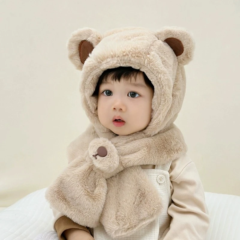 宝宝帽子冬季韩版婴儿小熊毛绒一体帽男童女孩秋冬防风护耳围脖帽