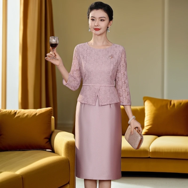 2025春秋高贵喜婆婆婚宴装假两件遮肚子礼服女蕾丝修身妈妈连衣裙