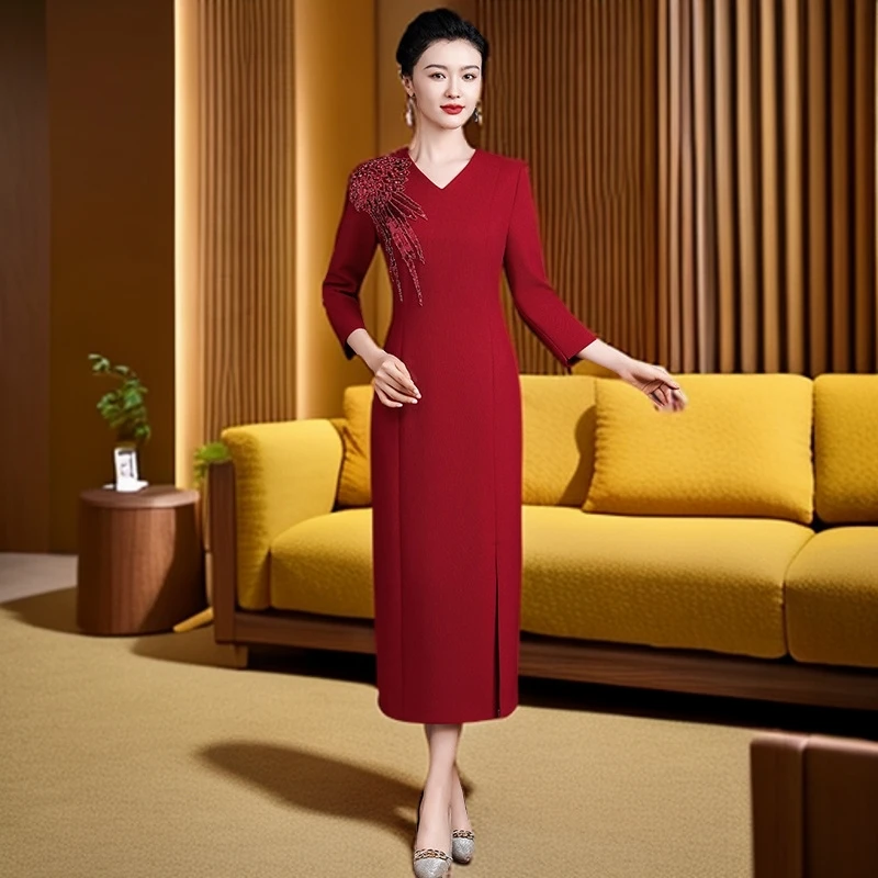 妈妈装结婚礼服秋季喜婆婆婚宴装高贵气质修身旗袍连衣裙平时可穿