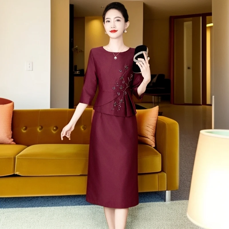 春秋季妈妈参加结婚洋气时尚假两件修身婚庆婚宴礼服连衣裙高贵