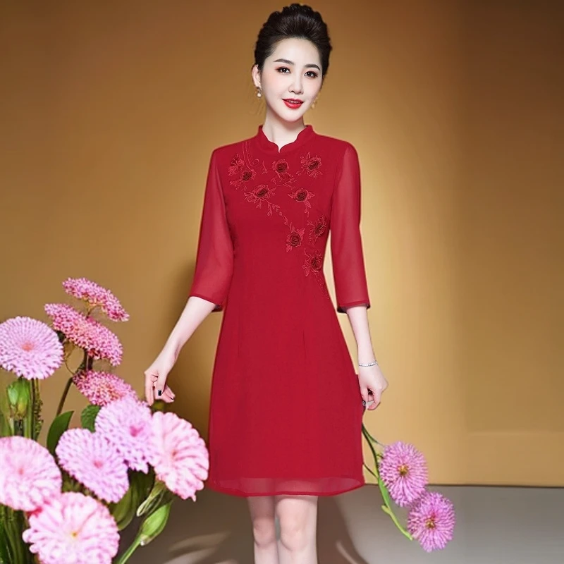 婆婆装婚礼服春夏季高端上档次时尚小个子连衣裙婚宴红旗袍婚庆