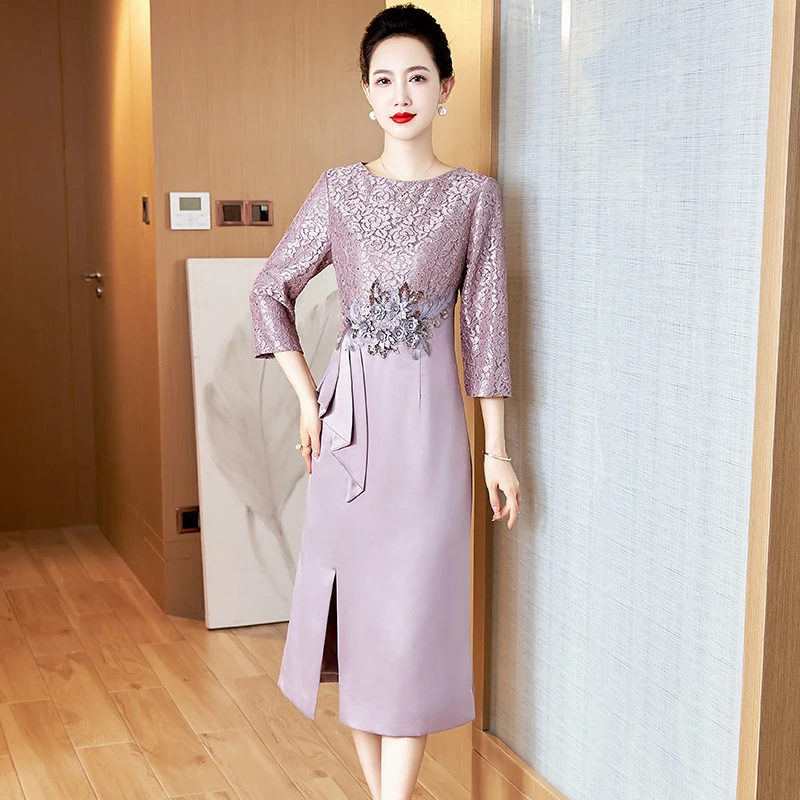 新款爆款喜妈妈礼服旗袍春秋显瘦婚庆连衣裙年轻高档婆婆长裙修身