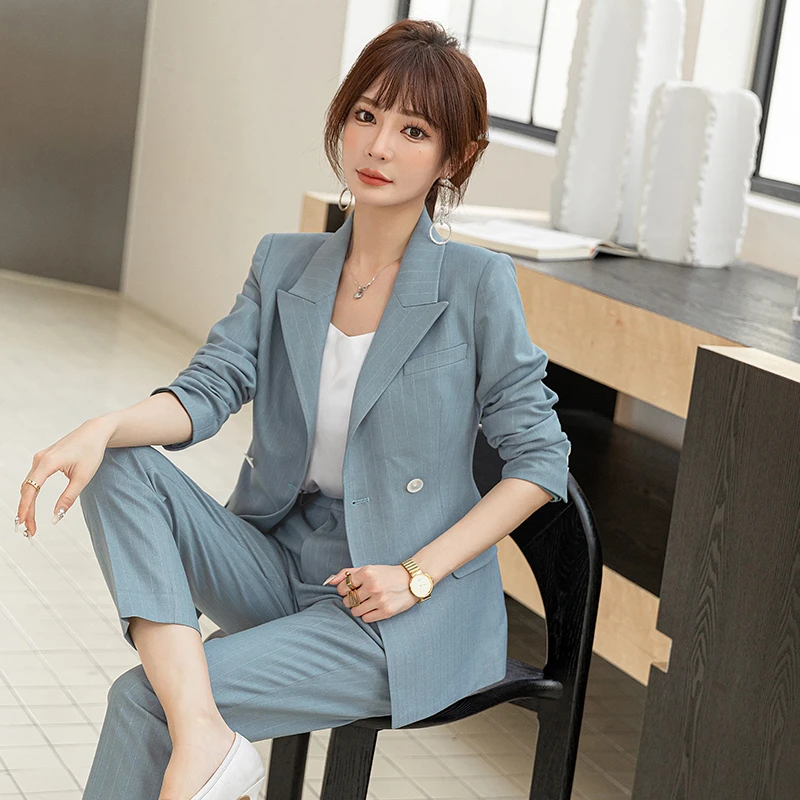 漫凌9392秋冬藏青条纹气质两件套工装职业西装套装女收腰双排扣