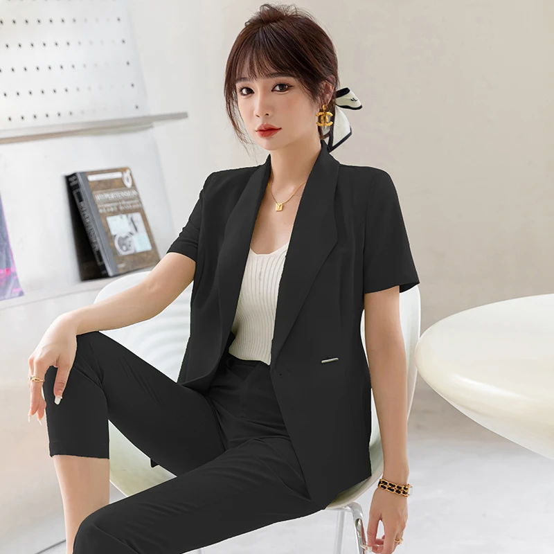 漫凌9370短袖夏装新款时尚气质显瘦职业装绿色西装套装女西服薄款