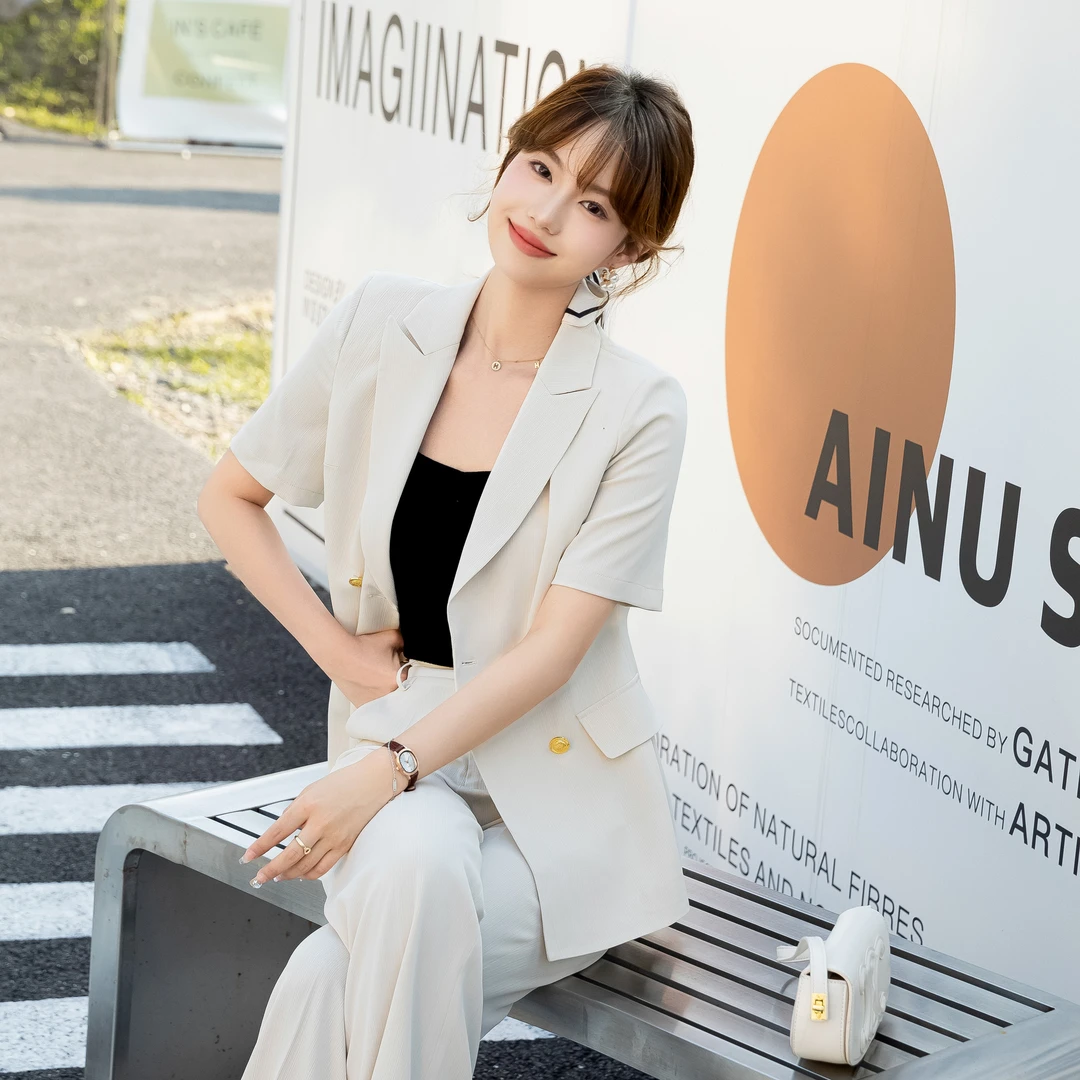 漫凌9581夏季杏色西装套装女短袖气质时尚休闲西服两件套修身薄款