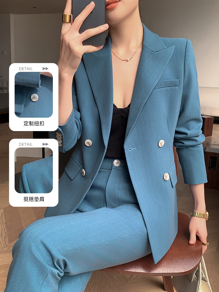 漫凌9598蓝色西装外套女新款韩版小众设计感修身显瘦西服套装通勤