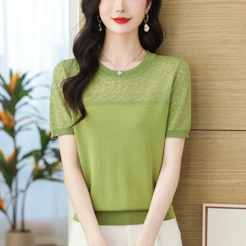妈妈夏装气质短袖t恤女士薄款2024新款圆领冰天丝针织衫上衣小衫