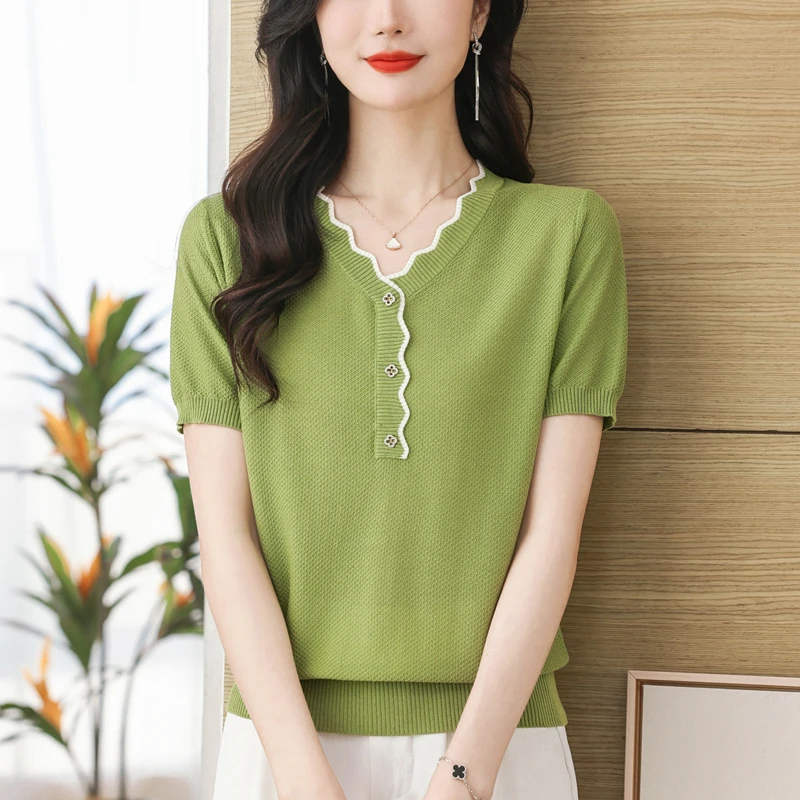 夏装莱赛尔天丝超薄针织短袖t恤宽松洋气质v型花瓣领上衣女体恤衫