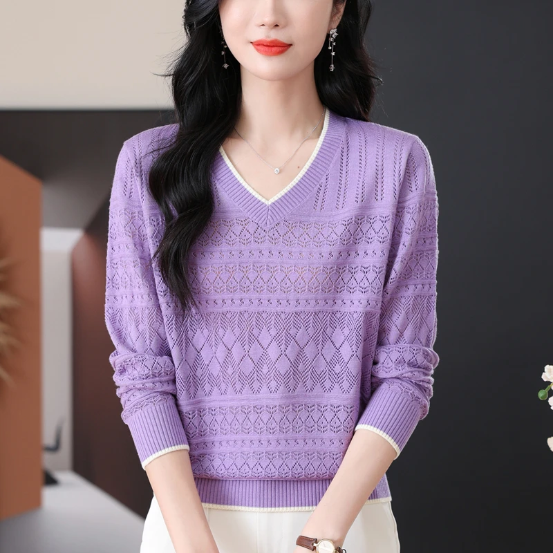 绵羊毛长袖针织衫春秋妈妈短款V领毛衣2024新款女装鸡心领打底衫