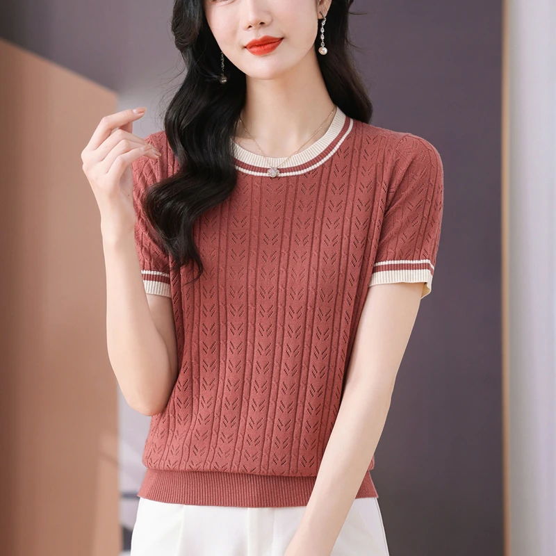 冰天丝针织衫女2024新款夏季妈妈薄短袖t恤女装时尚别致漂亮小衫