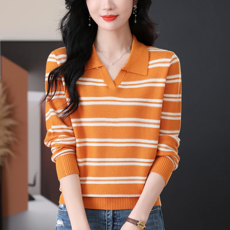 Polo领长袖女士绵羊毛打底衫新款洋气减龄宽松上衣翻领条纹针织衫