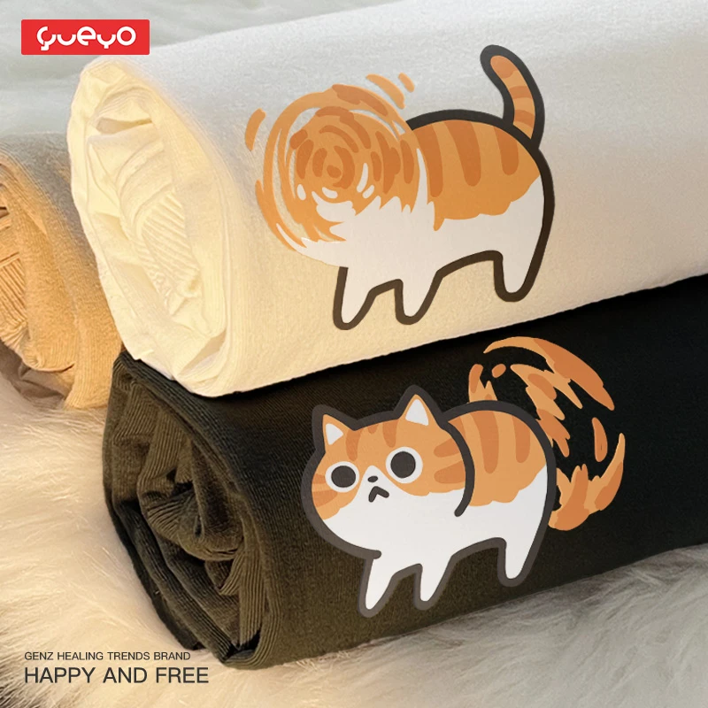 悦游 旋转橘猫 夏季男士t恤短袖宽松纯棉原创潮流摇头蹬腿甩尾