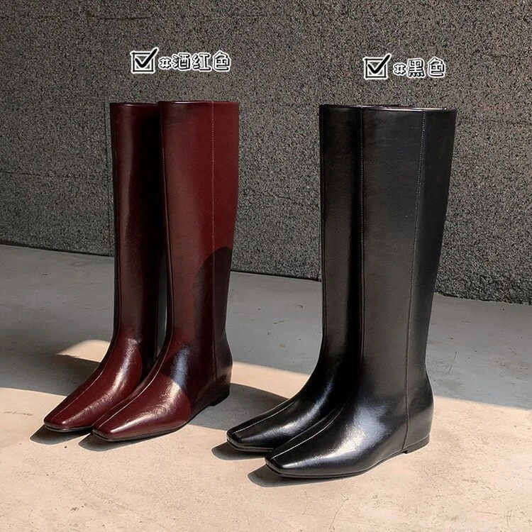安可拉红素面方头内增高显瘦高筒靴2024冬季百搭舒适牛皮骑士靴