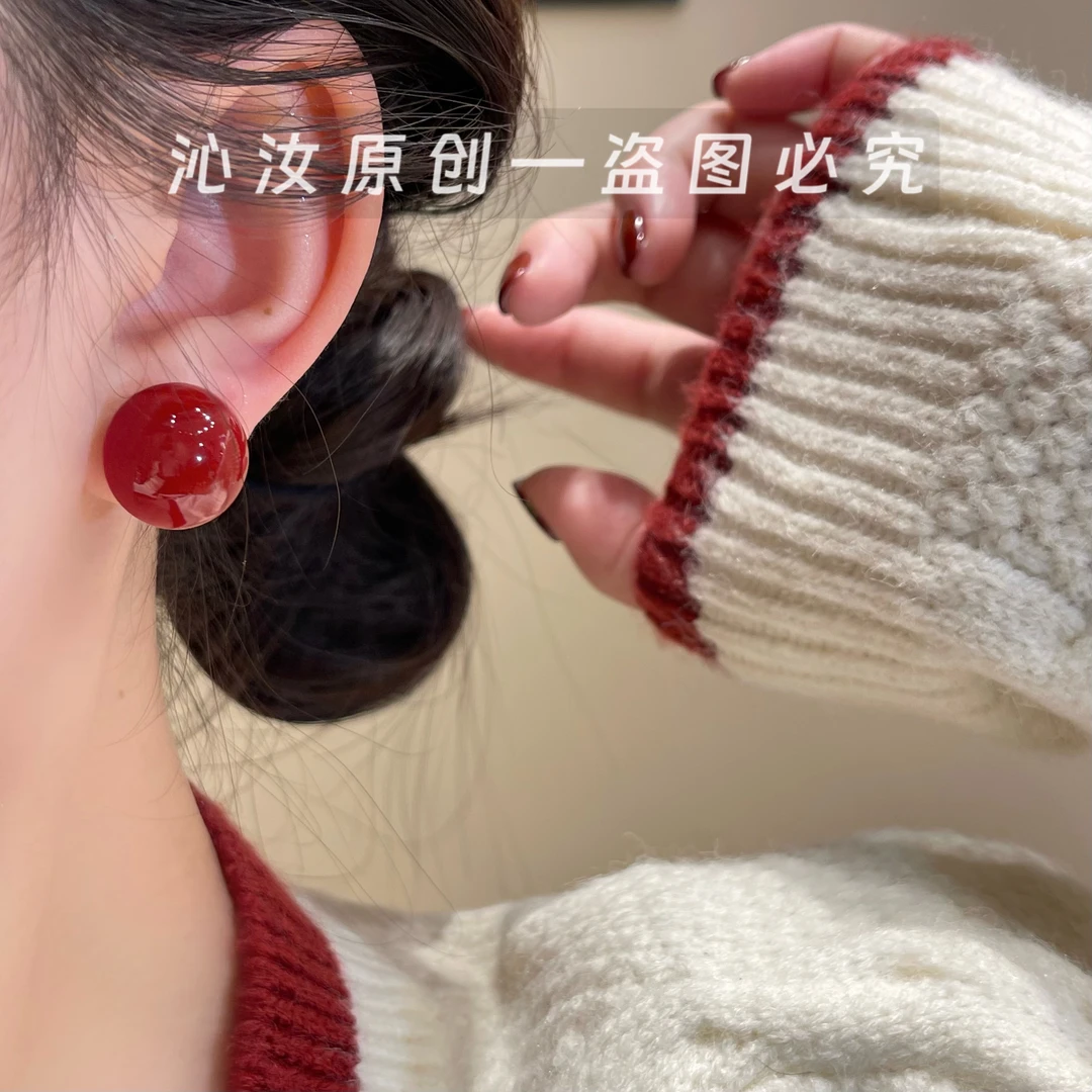 925银针耳饰 D812红色珠珠耳钉小众轻奢高级温柔