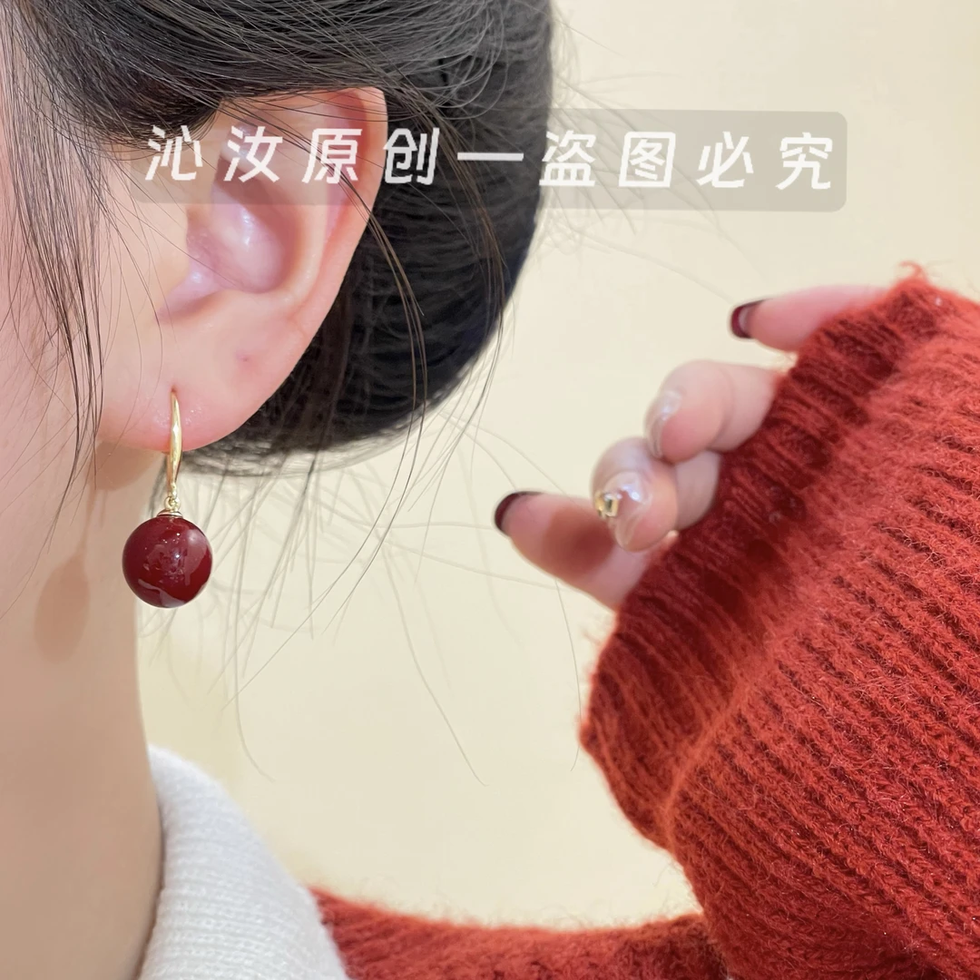 925银针耳饰 D806红色珠珠流苏耳环小众轻奢高级温柔