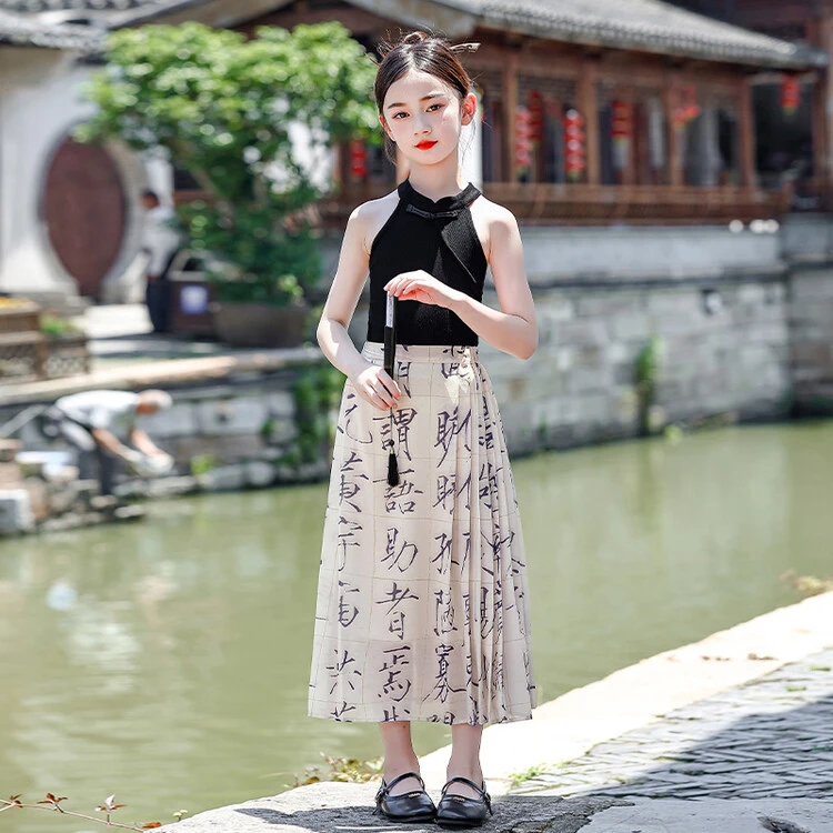 女童套装2025夏季新款儿童复古马面裙童装中国风水墨千字文半身裙